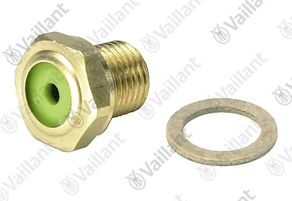 Vaillant Stopfbuchse mit Gewinde und grünem Dichtungsring, liegend auf einem neutralen Hintergrund.